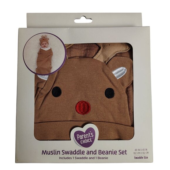 Parents Choice Muslin Swaddle and Beanie Cotton Reindeer Newborn Set - Picture 1 of 6